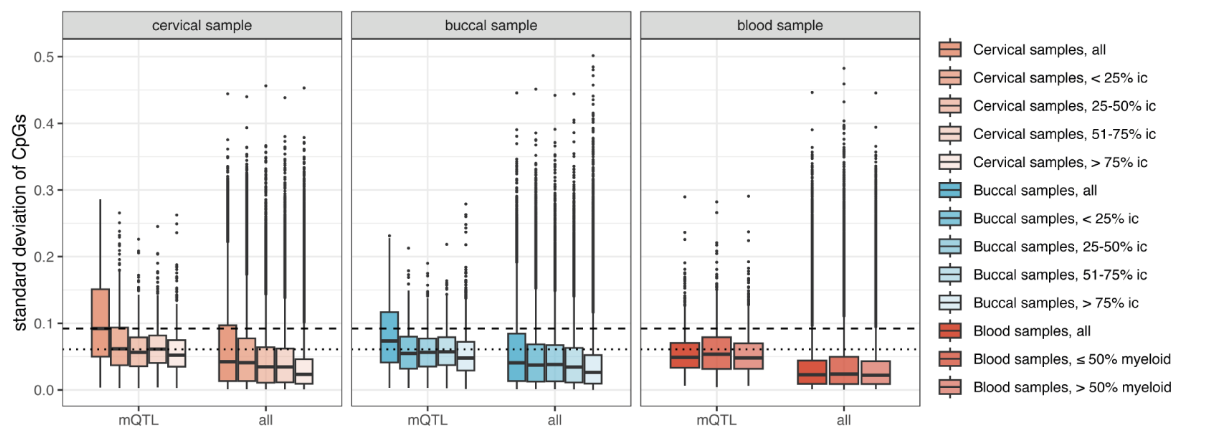 Variability across mQTL sites or all CpGs in cervical, buccal, or blood samples of varying immune cell proportion.